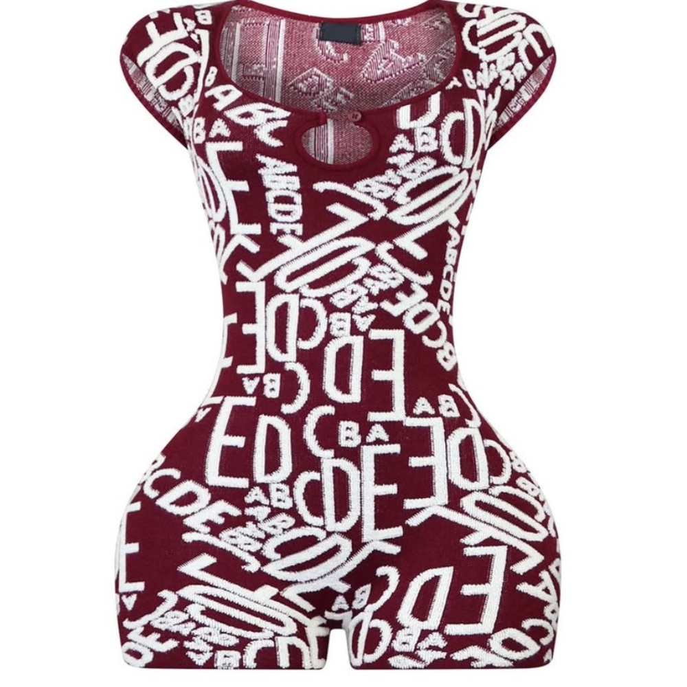 Alpha Graphic Holiday Knit Romper Bodysuit Cozy Burgundy RARE Onepiece